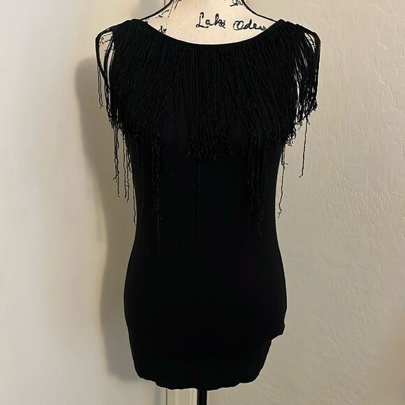 Bebe Black Fringe Boho Feminine Top Coachella Event Party - Picture 1 of 10